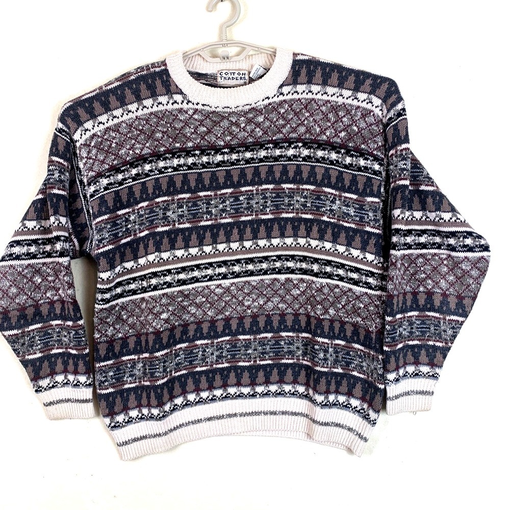 Cotton Traders Sweater Pullover Knit 3D Ramie‎ Cotton 90s Y2K Geometric Size Med